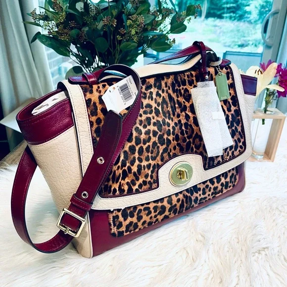 COACH Legacy Colorblock Ocelot Haircalf Flap Carryall in Aubergine/Multi - NWT!